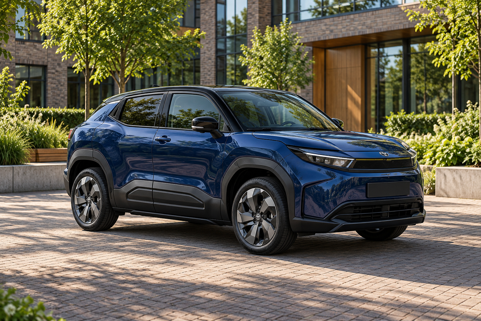 Nieuwe Europese batterij-elektrische Toyota Urban Cruiser in blauw bij een kantoor